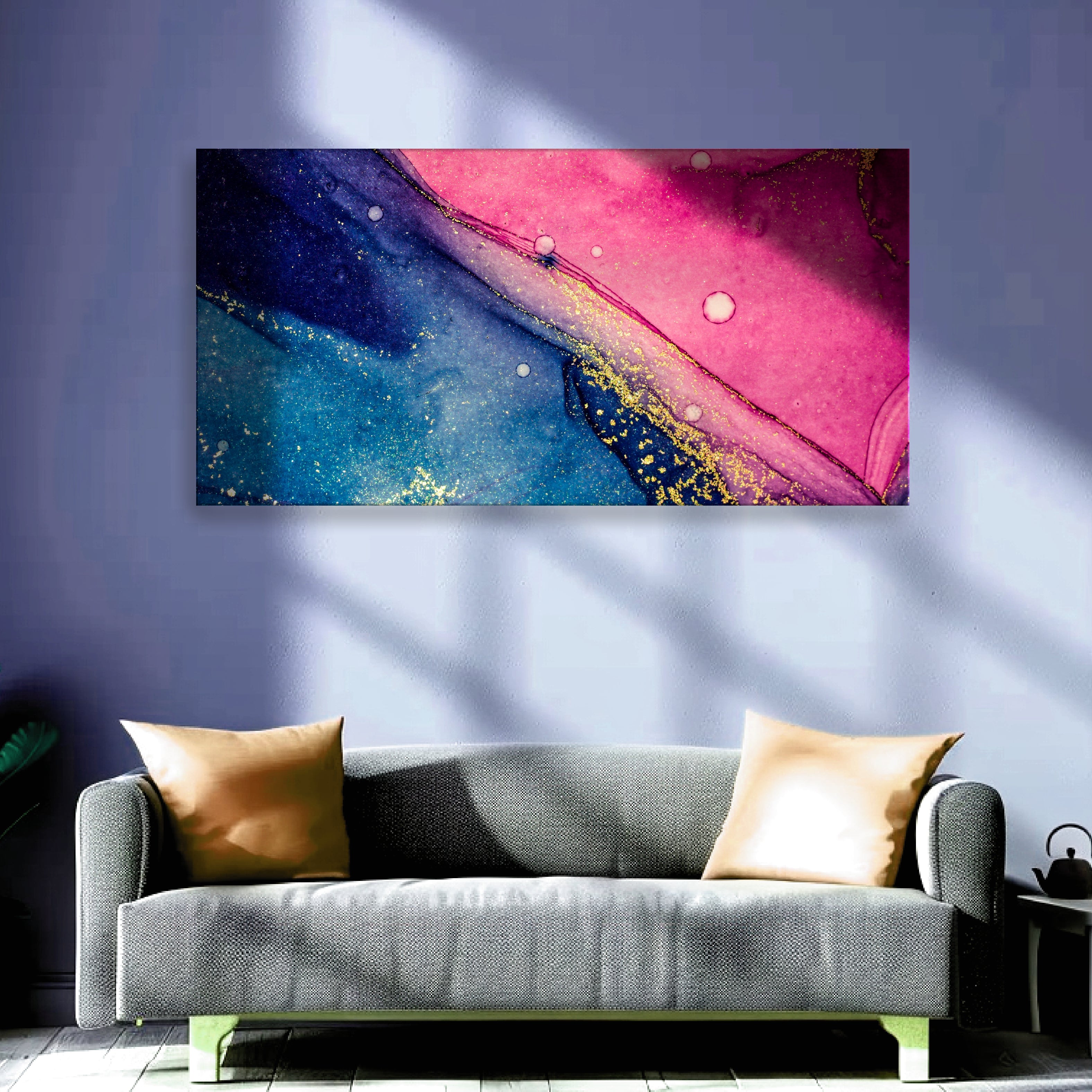 Abstract Ink Art Canvas - Blue and Pink Watercolor with Gold Accents