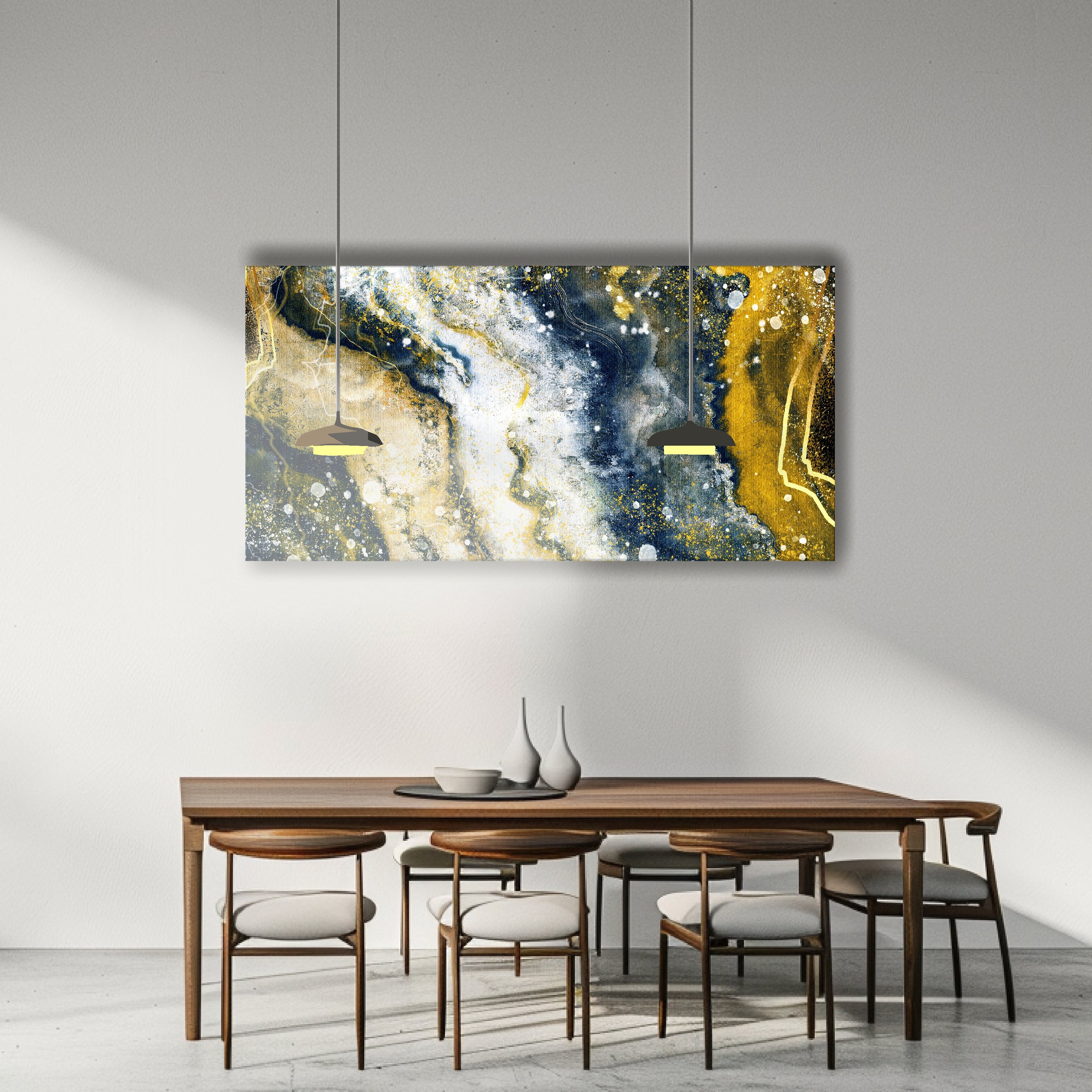 Modern Abstract Canvas Wall Art - Gold, Navy Blue, and White Marble Design